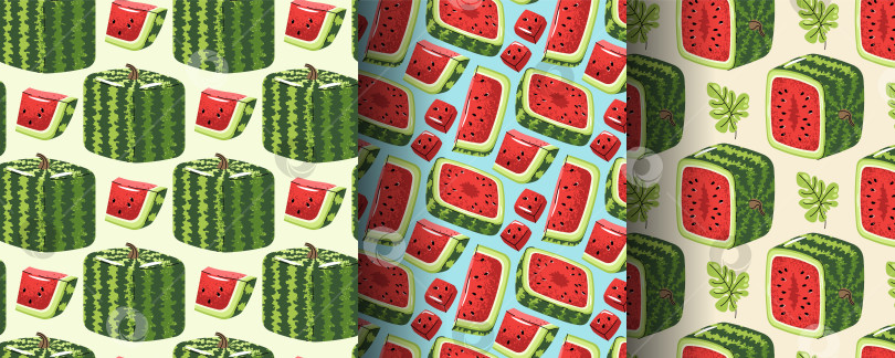 Скачать Набор Бесшовных Рисунков С Квадратным Арбузом В Плоском Стиле. Повторяющаяся Летняя Текстура Для Брендирования Свежих Продуктов, Скрапбукинга, Текстильного Дизайна, Обоев И Упаковки. фотосток Ozero