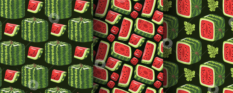 Скачать Набор Бесшовных Рисунков С Квадратным Арбузом В Плоском Стиле. Повторяющаяся Летняя Текстура Для Брендинга Свежих Продуктов, Скрапбукинга, Текстильного Дизайна, Обоев И Упаковки. фотосток Ozero