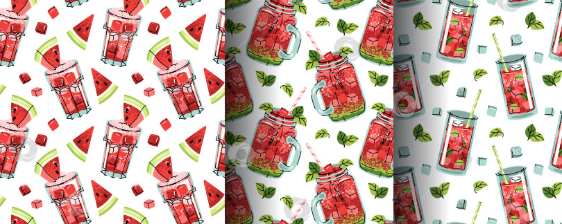 Скачать Набор бесшовных рисунков с арбузными напитками, мятой и кубиками льда в плоском стиле. Освежающая текстура летнего напитка для меню кафе, упаковки, текстиля и сезонного декора. фотосток Ozero