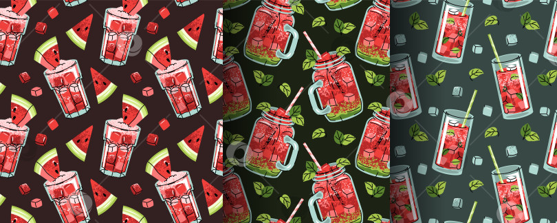 Скачать Набор бесшовных рисунков с арбузными напитками, мятой и кубиками льда в плоском стиле. Освежающая текстура летнего напитка для меню кафе, упаковки, текстиля и сезонного декора. фотосток Ozero