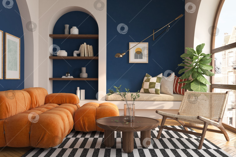Скачать Концептуальный дофаминовый интерьер комнаты в стиле середины века с 3d-иллюстрацией фотосток Ozero