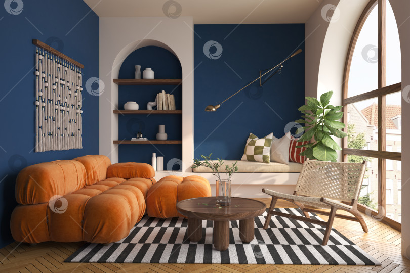 Скачать Концептуальный дофаминовый интерьер комнаты в стиле середины века с 3d-иллюстрацией фотосток Ozero