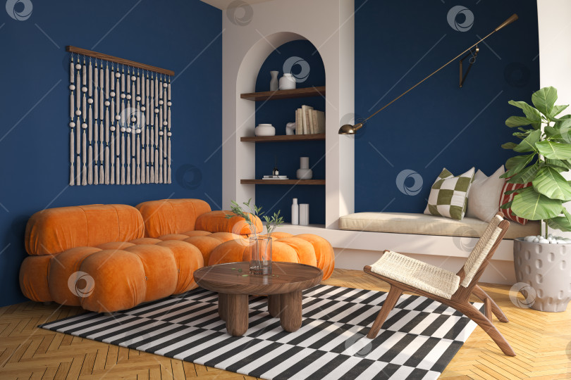 Скачать Концептуальный дофаминовый интерьер комнаты в стиле середины века с 3d-иллюстрацией фотосток Ozero