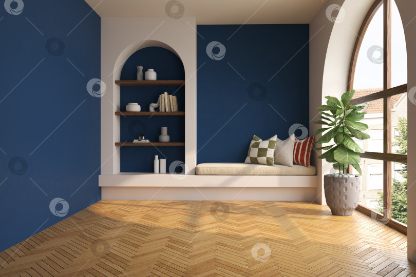 Скачать Концептуальный дофаминовый интерьер комнаты в стиле середины века с 3d-иллюстрацией фотосток Ozero