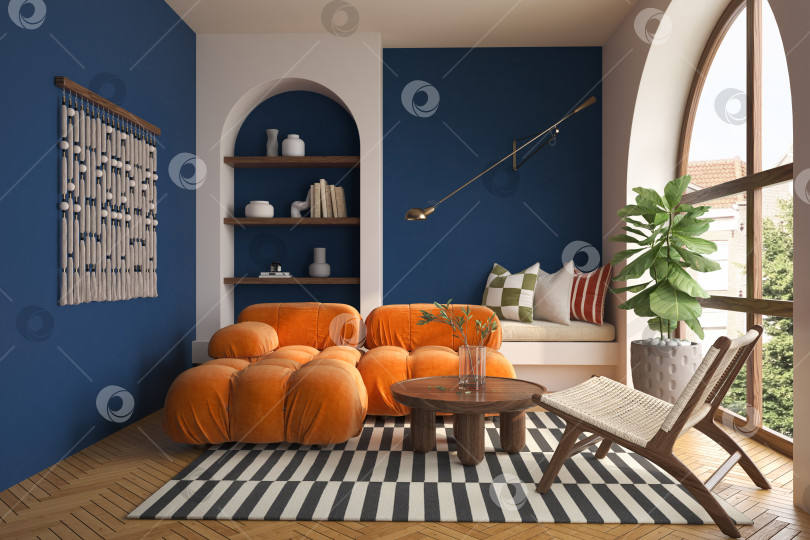Скачать Концептуальный дофаминовый интерьер комнаты в стиле середины века с 3d-иллюстрацией фотосток Ozero