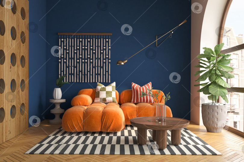 Скачать Концептуальный дофаминовый интерьер комнаты в стиле середины века с 3d-иллюстрацией фотосток Ozero