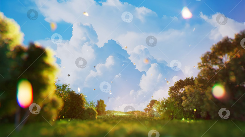 Скачать Естественный зеленый 3d-пейзаж. Светлячки, падающие листья, пышное травянистое поле, теплый закат. Сцена на открытом воздухе. 3d-иллюстрация фотосток Ozero