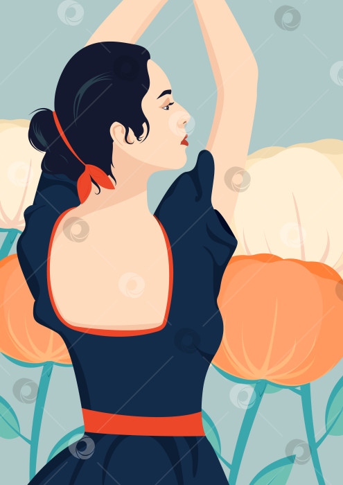 Скачать Танцовщица крупным планом среди стилизованных цветов. Шаблон для плакатов, флаеров, обложек, упаковки, открыток и т.д. фотосток Ozero