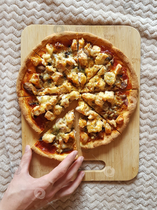 Скачать Аппетитная пицца с курицей: момент выбора кусочка фотосток Ozero