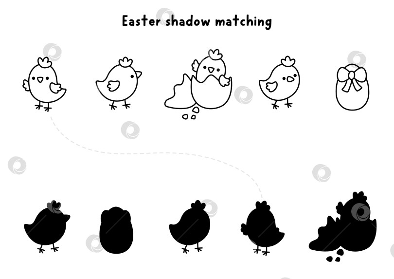 Скачать Задание по подбору теней в пасхальной деревне с желтыми цыплятами и яйцом. Весенний праздничный черно-белый пазл с цыплятами. Игра-раскраска "Найди правильный силуэт" для печати, раскраска для детей с птицами на ферме фотосток Ozero
