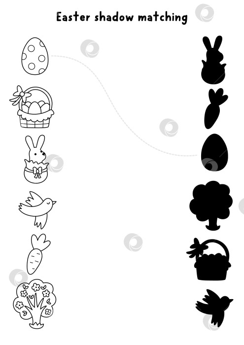 Скачать Задание по подбору теней от линий пасхальной деревни с символикой праздника. Весенний черно-белый пазл с шоколадным кроликом, яйцом, корзинкой, птичкой. Найдите правильный силуэт. Игра для печати, раскраска фотосток Ozero