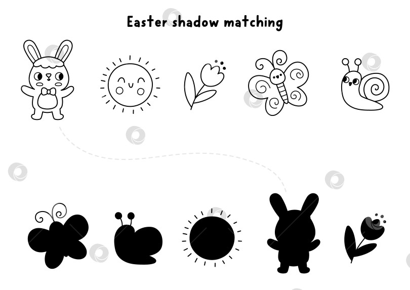 Скачать Задание по подбору теней в пасхальной деревне с символикой праздника. Весенний черно-белый пазл с изображением зайчика, солнышка, тюльпана, улитки. Найдите правильный силуэт. Лист для печати, игра, раскраска для детей фотосток Ozero