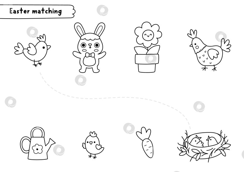 Скачать Пасхальное занятие по подбору черно-белых цветов с животными и весенними элементами. Праздничный пазл с кроликом, морковкой, птичкой, гнездышком, цветком, курицей, цыпленком. Игра "Подбирай предметы", рабочий лист для печати, раскраска фотосток Ozero