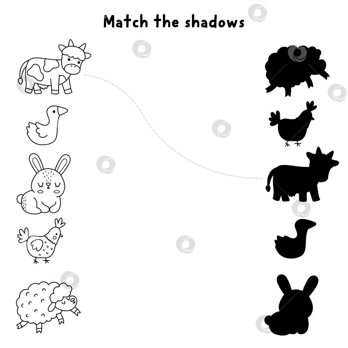 Скачать Задание по подбору теней в пасхальной деревне с сельскохозяйственными животными и птицами. Черно-белый пазл "Весенний праздник" с изображением коровы, гуся, кролика, овцы. Найдите правильный силуэт. Игра для печати, раскраска фотосток Ozero