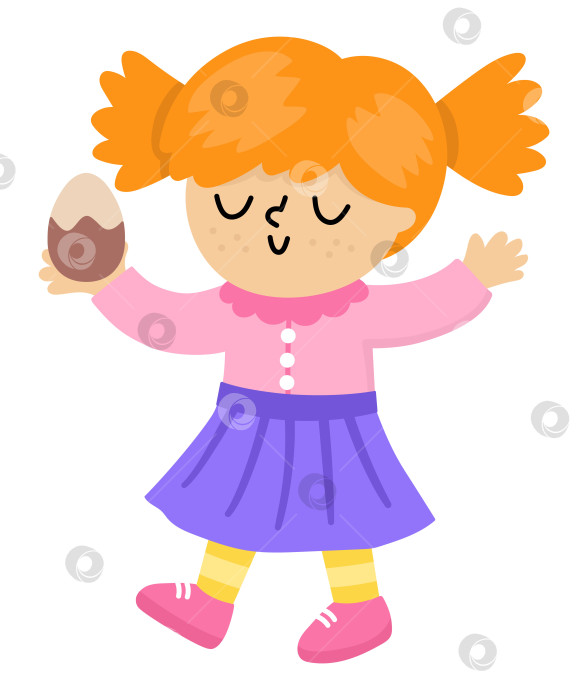 Скачать Счастливая радостная девушка держит шоколадное яйцо. Векторная концепция охоты за пасхальными яйцами. Значок милого малыша. Иллюстрация весеннего праздника. Детский клипарт на белом фоне фотосток Ozero