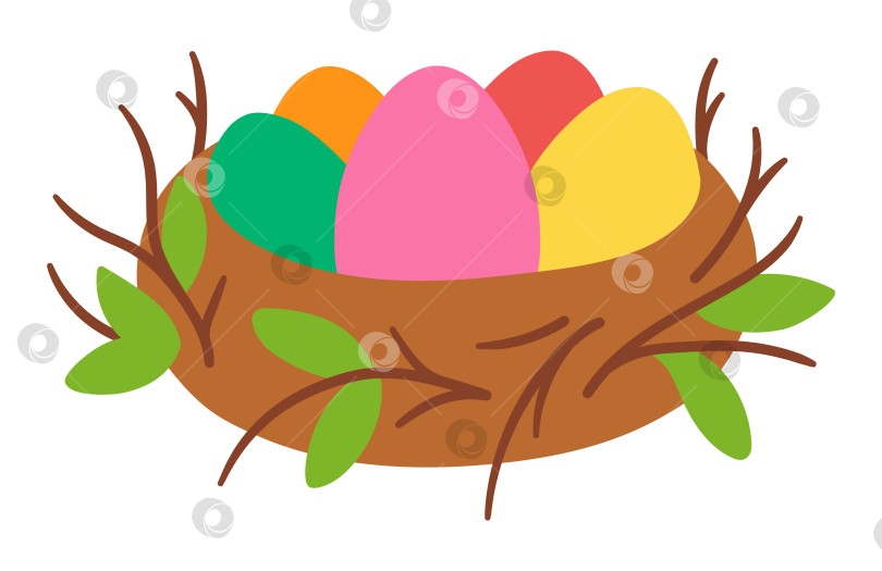 Скачать Векторное гнездо с цветными яйцами. Иллюстрация фермы или пасхальной деревни, выделенная на белом фоне. Милый клипарт с символом весеннего праздника для детей фотосток Ozero
