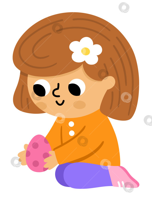 Скачать Счастливая радостная девушка держит шоколадное яйцо. Векторная концепция охоты за пасхальными яйцами. Значок милого малыша. Иллюстрация весеннего праздника. Детский клипарт на белом фоне фотосток Ozero