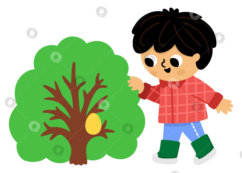 Скачать Мальчик ищет яйцо в кустах. Векторная концепция охоты за пасхальными яйцами. Значок милого малыша. Иллюстрация весеннего праздника. Клипарт с изображением лесных детей, изолированных на белом фоне фотосток Ozero