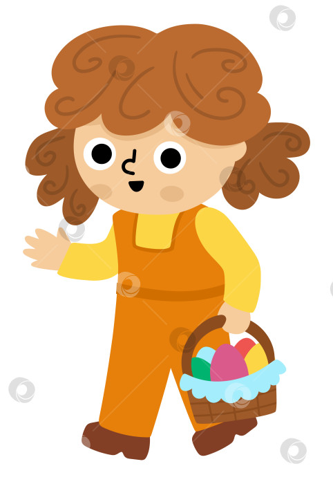 Скачать Девушка с корзиной крашеных яиц. Векторная концепция охоты за пасхальными яйцами. Значок милого малыша. Иллюстрация весеннего праздника. Клипарт счастливых детей, выделенный на белом фоне фотосток Ozero