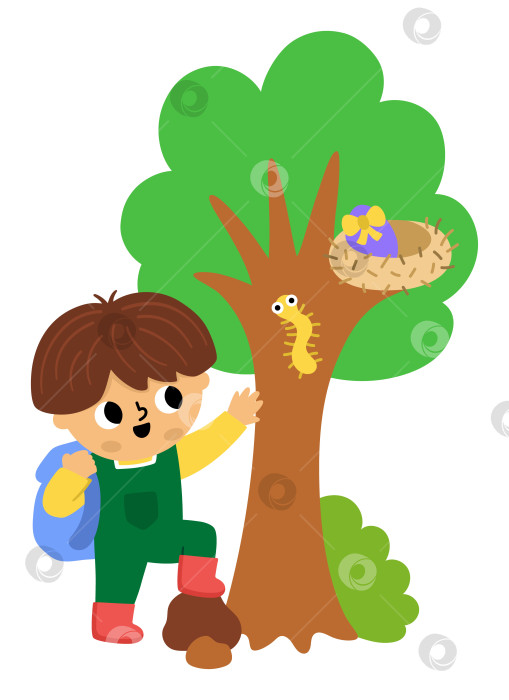 Скачать Мальчик ищет яйцо в гнезде на дереве. Векторная концепция охоты за пасхальными яйцами. Значок милого малыша. Иллюстрация весеннего праздника. Клипарт с изображением лесных детей, изолированных на белом фоне фотосток Ozero