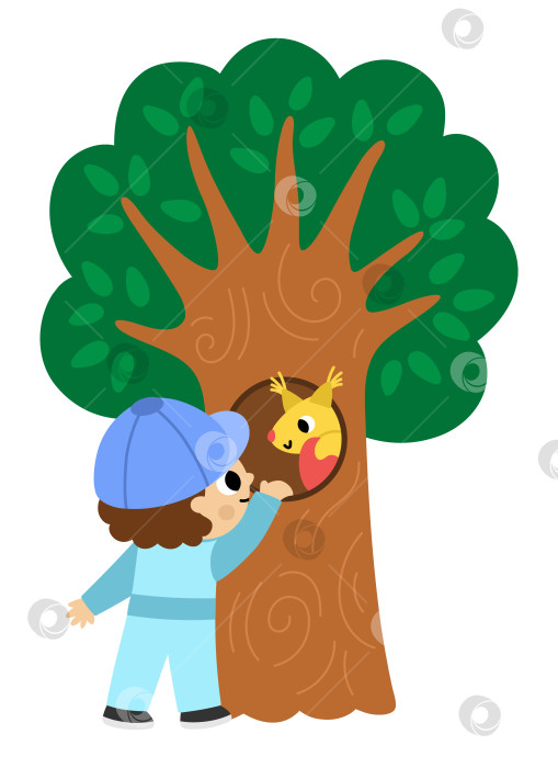 Скачать Мальчик ищет пасхальное яйцо в дупле дерева вместе с белкой. Векторная концепция охоты за пасхальными яйцами. Значок милого малыша. Иллюстрация весеннего праздника. Клипарт с изображением лесных детей, выделенный на белом фоне фотосток Ozero