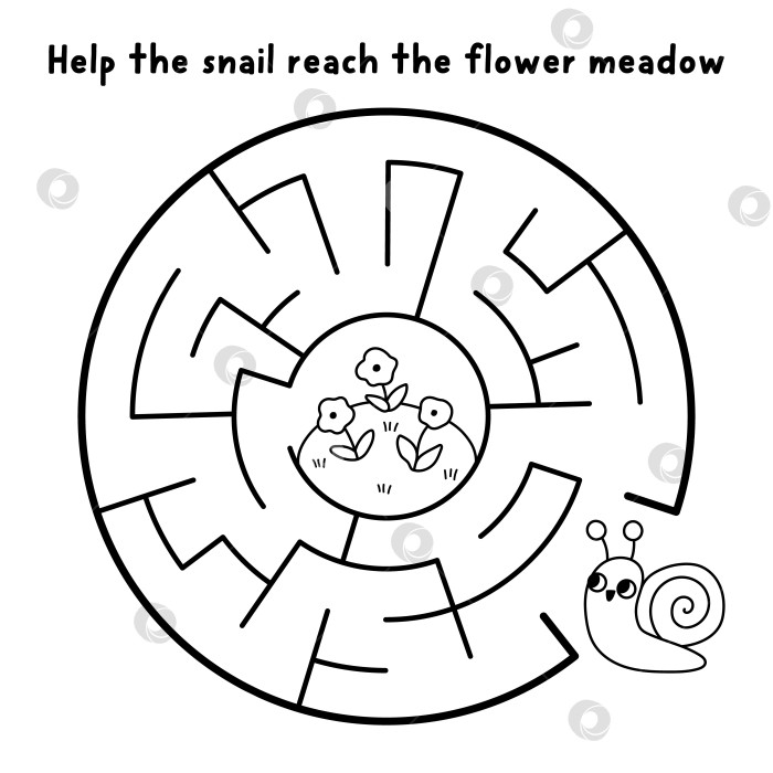 Скачать Пасхальный деревенский черно-белый геометрический лабиринт с улиткой, направляющейся на цветочный луг. Простая игра-лабиринт с квадратными линиями и моллюском. Весеннее праздничное занятие для печати, раскраска фотосток Ozero