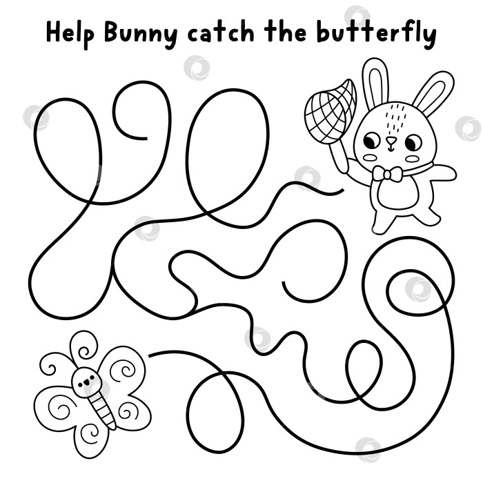 Скачать Пасхальный деревенский черно-белый лабиринт с кроликом, ловящим бабочку сачком. Простая квадратная игра-лабиринт с симпатичным зайцем. Весеннее праздничное занятие для печати, рабочий лист, раскраска с кроликом фотосток Ozero