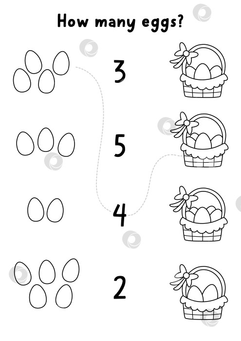 Скачать Пасхальная игра "Собери цифры в простую линейку" с корзинками и яйцами. Весеннее математическое черно-белое занятие для детей дошкольного возраста. Развивающий лист для счета, раскраска с символикой праздника фотосток Ozero