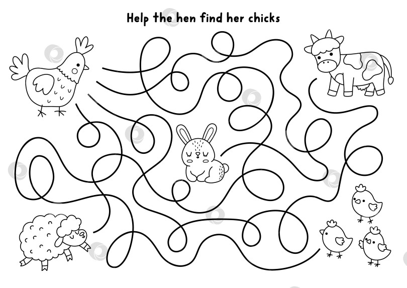 Скачать Пасхальный деревенский черно-белый лабиринт с курицей, идущей к своим цыплятам. Игра-лабиринт с птицами и животными на ферме. Весеннее праздничное занятие для печати, рабочий лист, раскраска с овцами, коровой, кроликом. фотосток Ozero