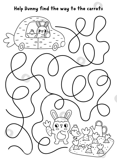 Скачать Пасхальный деревенский черно-белый лабиринт с кроликом на машине в форме морковки, направляющейся в свой сад. Игра-лабиринт с зайцем. Весеннее праздничное занятие для печати, рабочий лист, раскраска с кроликом, цыпленком фотосток Ozero