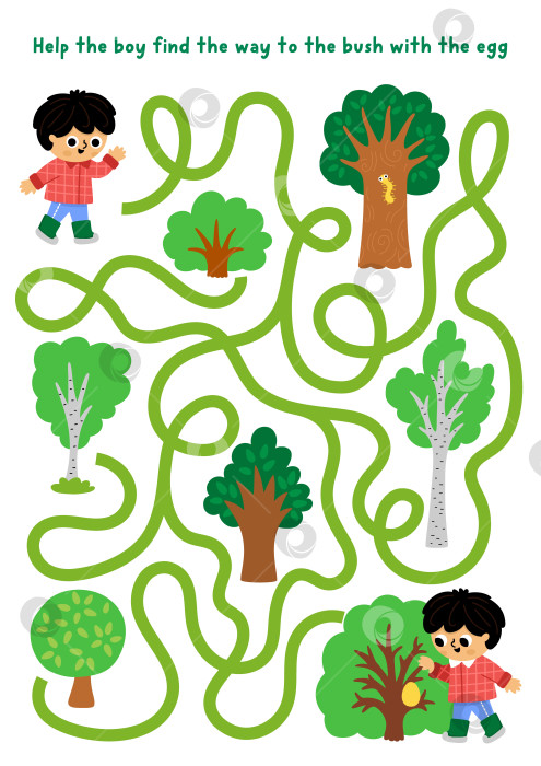 Скачать Детский лабиринт для поиска пасхальных яиц с мальчиком, который ищет дорогу в кустах. Забавная игра-лабиринт с ребенком, который ищет яйца. Весеннее праздничное занятие для печати, рабочий лист с деревьями фотосток Ozero