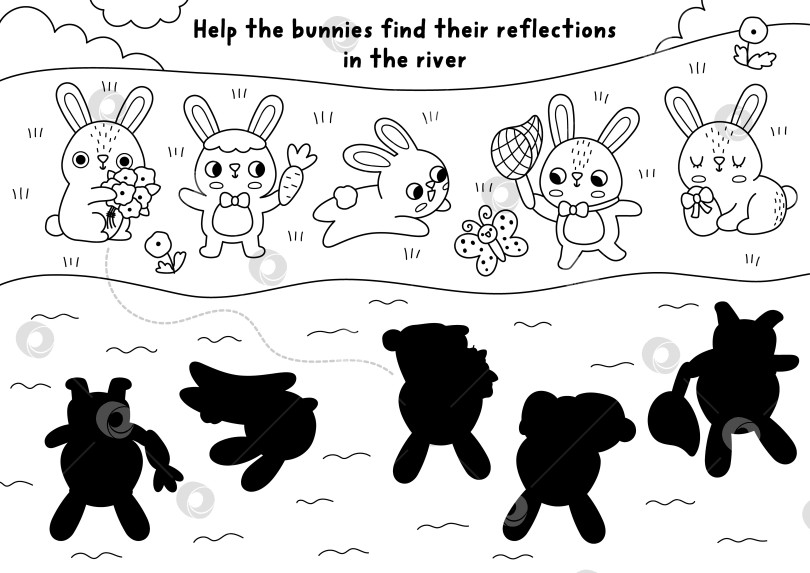Скачать Задание по подбору теней в пасхальной деревне с кроликами, которые ищут отражения в воде. Черно-белая головоломка "Весенний праздник" с кроликами, рекой. Раскраска "Найди правильный силуэт" для печати. фотосток Ozero