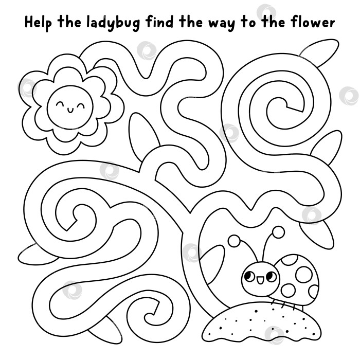 Скачать Черно-белый лабиринт в пасхальной деревне с божьей коровкой, которая ищет путь к цветку. Простая квадратная игра-лабиринт с божьей коровкой и подсолнухом. Весеннее праздничное занятие для печати, рабочий лист, раскраска фотосток Ozero