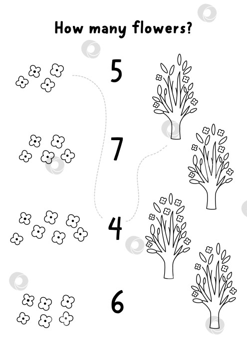 Скачать Пасхальная игра "Собери цифры в простую линейку" с цветущими деревьями. Весеннее праздничное черно-белое математическое занятие для детей дошкольного возраста. Развивающий лист для счета, раскраска с растениями, цветами фотосток Ozero