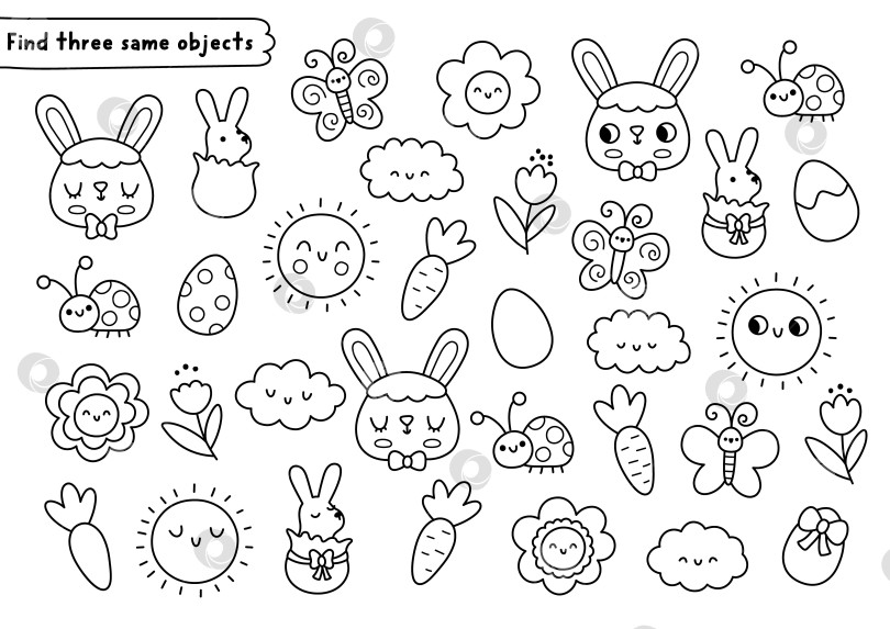 Скачать Найдите два одинаковых предмета. Задание для детей по подбору черно-белого цвета в пасхальной деревне. Весенняя образовательная викторина с символикой праздника. Игра для печати, раскраска с кроликом, яйцами, морковкой фотосток Ozero
