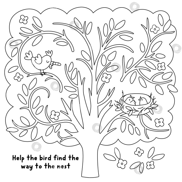 Скачать Пасхальный деревенский черно-белый лабиринт с цветущим деревом и птицей, которая ищет путь к птенцам в гнезде. Игра-лабиринт с веточками, листьями и птенцами. Весеннее праздничное занятие для печати, раскраска фотосток Ozero