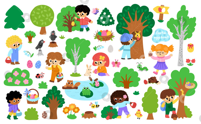 Скачать Набор векторных клипартов "Охота за пасхальными яйцами". Коллекция милых детских иконок с деревьями, кустами, насекомыми, раскрашенными яйцами, корзиной, элементами природы. Набор иллюстраций с детьми, которые ищут яйца в лесу фотосток Ozero