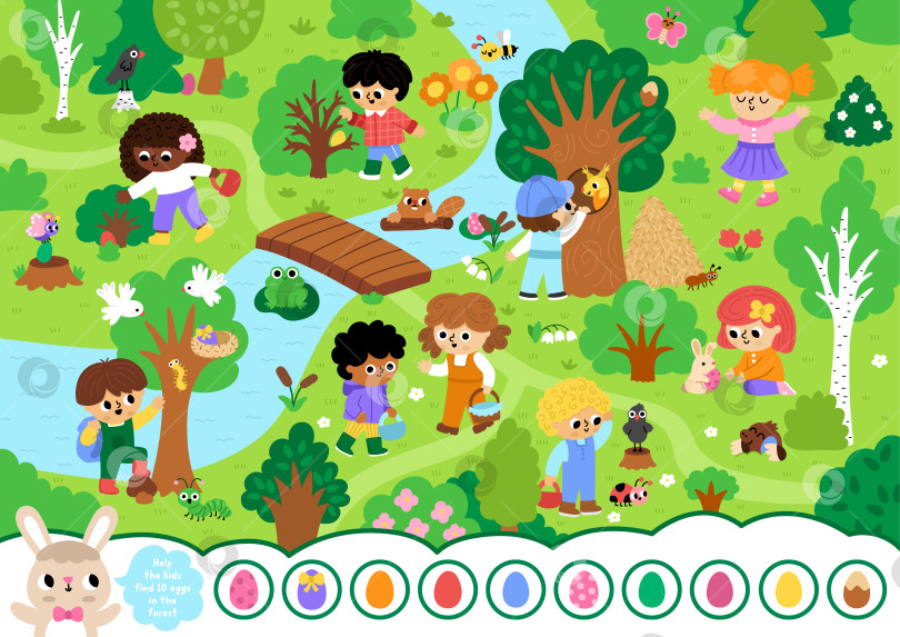 Скачать Векторная поисковая игра с пейзажем "Охота за пасхальными яйцами". Найдите десять спрятанных яиц в лесу. В лесу ищите и находите задания для печати для детей. Рабочий лист для весенних праздников с детьми, деревьями, животными фотосток Ozero