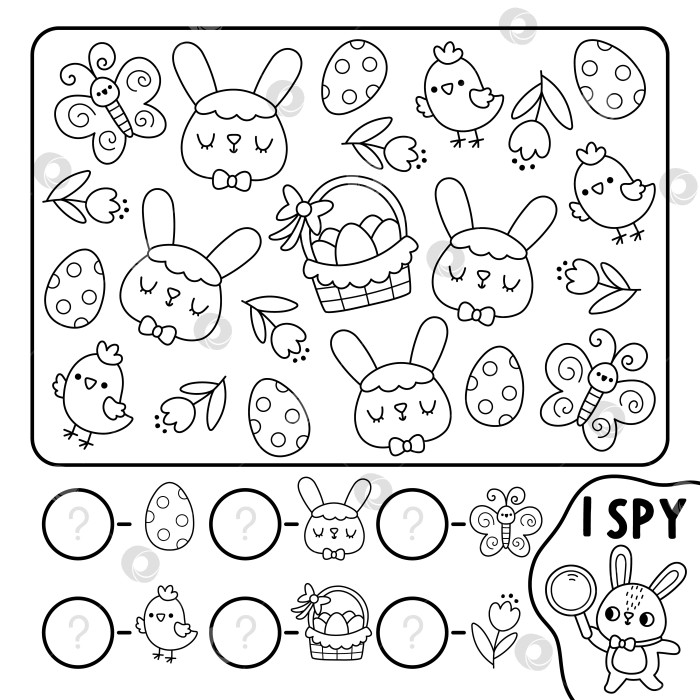 Скачать Игра для детей "Пасхальная деревня, черно-белый квадрат и шпион". Игра "Поиск и подсчет линий" с изображением кролика, корзинки с яйцами, цветка, цыпленка. Рабочий лист для печати, раскраска. Головоломка для поиска весенних праздников фотосток Ozero