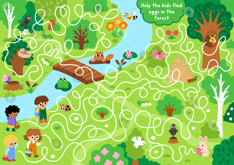 Скачать Детский лабиринт для поиска пасхальных яиц с изображением леса, мальчиков и девочек с корзинками. Подробная игра-лабиринт с милыми детьми, которые ищут яйца в лесу. Весеннее праздничное занятие для печати, рабочий лист фотосток Ozero