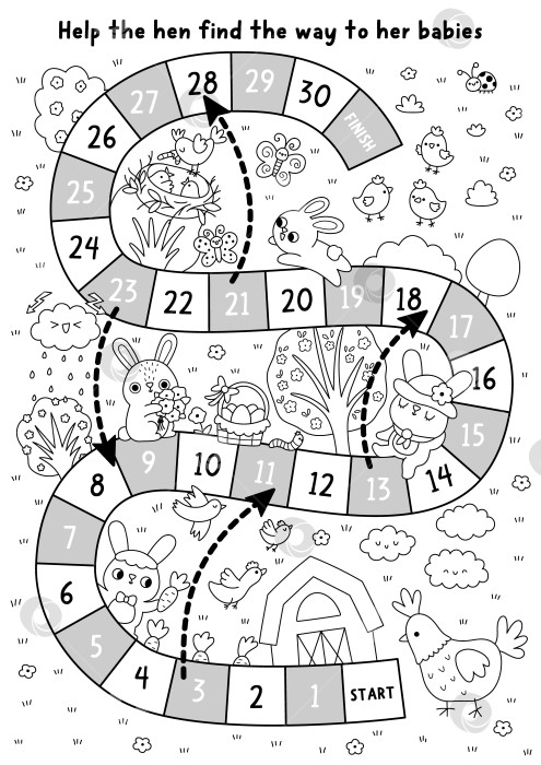 Скачать Черно-белая настольная игра для детей "Пасхальная деревня" с изображением природы, курицы, идущей к своим цыплятам. Настольная игра с кроликом, птицей, яйцами, сараем. Весеннее праздничное занятие для печати, раскраска фотосток Ozero