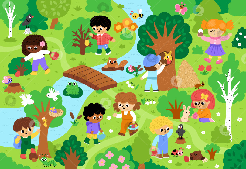 Скачать Векторный фон для охоты за пасхальными яйцами. Милый пейзаж с детьми, деревьями, кустами, насекомыми, крашеными яйцами, корзиной, природным элементом. Лесная сцена с детьми, которые ищут яйца в лесу фотосток Ozero