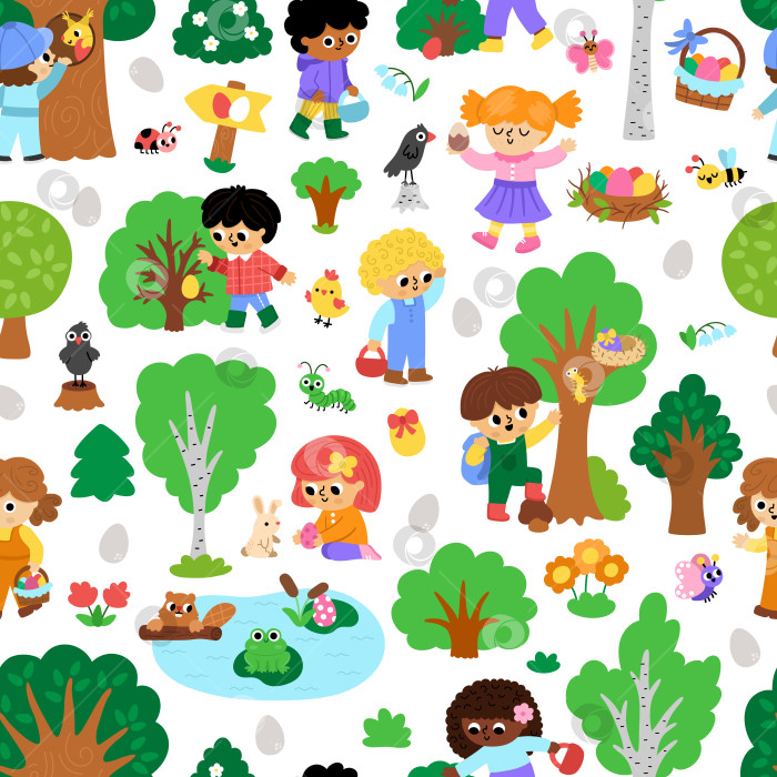 Скачать Векторный бесшовный узор "Охота за пасхальными яйцами". Повторяющийся фон с милыми детьми, деревьями, кустами, насекомыми, цветными яйцами, корзиной, природным элементом. Цифровая бумага с детьми, ищущими яйца в лесу фотосток Ozero