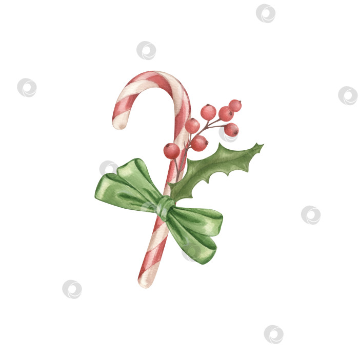 Скачать Рождественская леденцовая трость, украшенная зеленым бантом, листьями остролиста и ягодами. фотосток Ozero