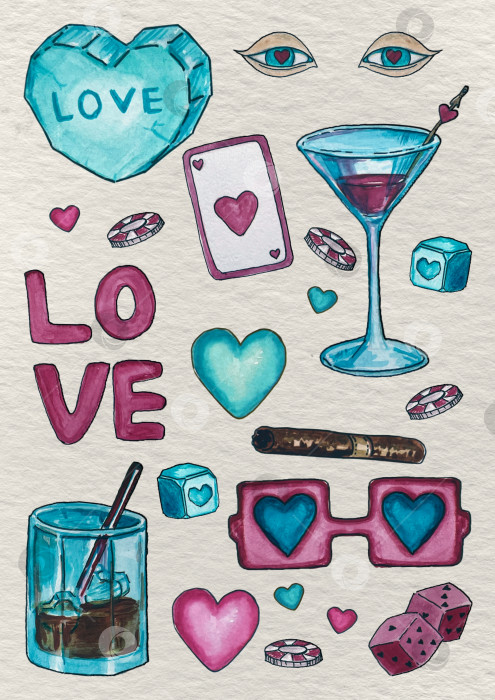 Скачать Сет картинок Акварель казино, любовь, 14 февраля фотосток Ozero