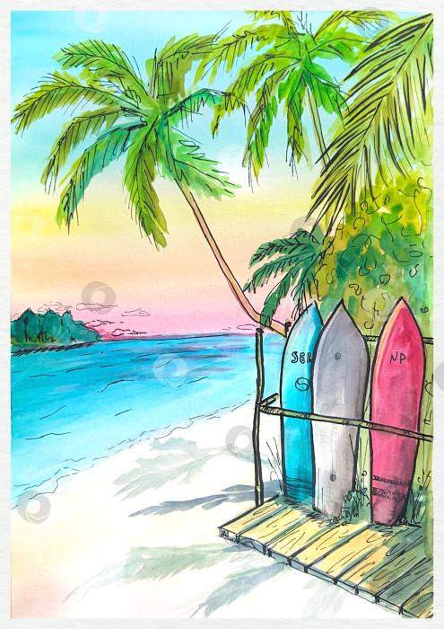 Скачать Пляжная иллюстрация скетч акварель фотосток Ozero