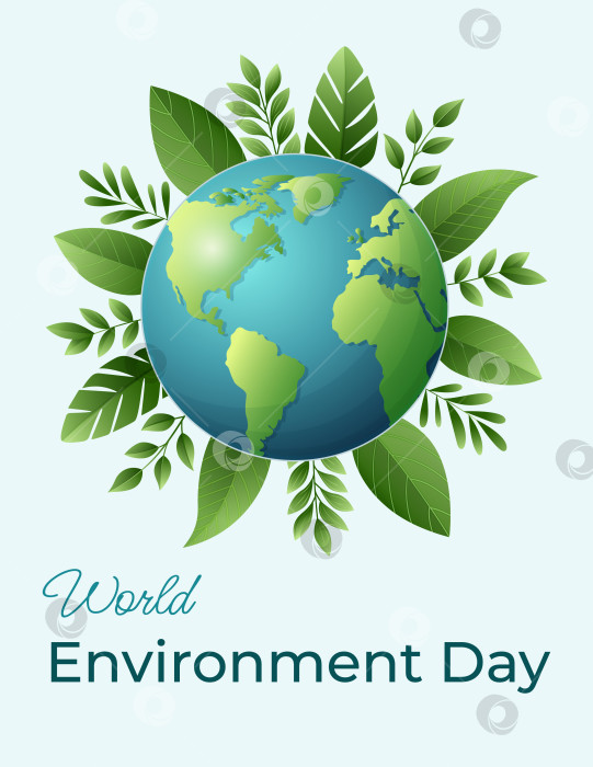Скачать Яркая, красочная планета Земля, окруженная зелеными листьями. Надпись ко Всемирному дню окружающей среды. Высококачественный шаблон для вашего дизайна. фотосток Ozero