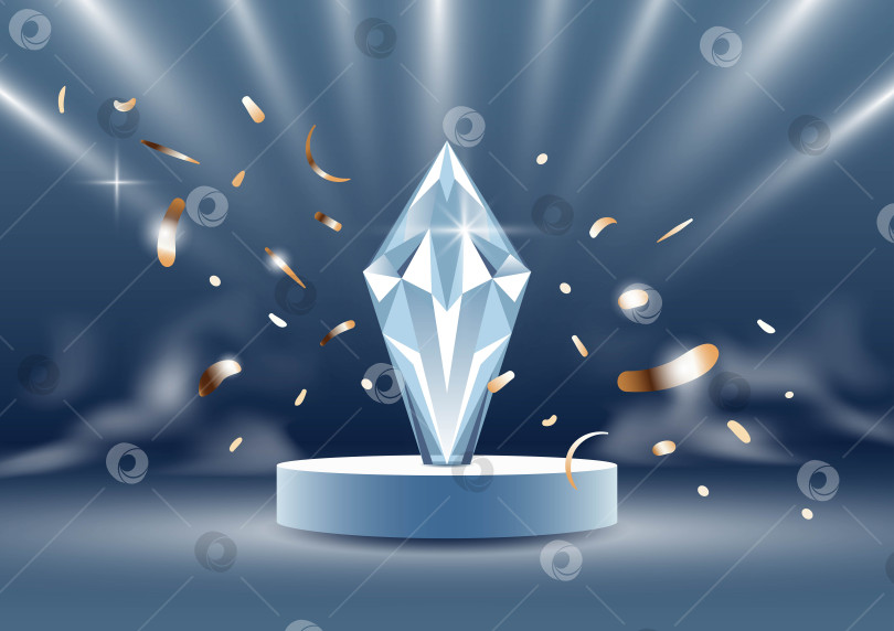 Скачать Векторный баннер с изображением реалистичной награды из хрусталя на минималистичном постаменте, граненые отражения и преломления, мягкие завитки света, плывущий дым, рассыпанные блестки и конфетти фотосток Ozero