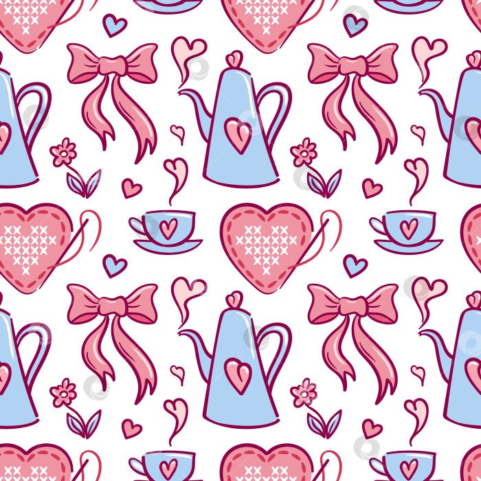 Скачать Чайный узор с сердечками и лентами, изящные фарфоровые чашки и заварочные чайники, цветочные мотивы и пастельные тона, уютная винтажная атмосфера для приглашений на душ, посуда и канцелярские принадлежности фотосток Ozero