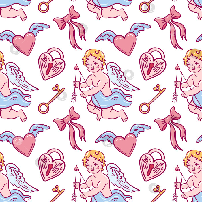 Скачать Романтическая иллюстрация Купидона, Винтажный Купидон с сердечками, ангел-херувим с золотым бантом среди символов любви, Причудливый винтажный стиль с изображением купидона с любовными акцентами фотосток Ozero